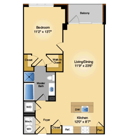 Floor plan for 1 bed, 1 bath, 734 sqft